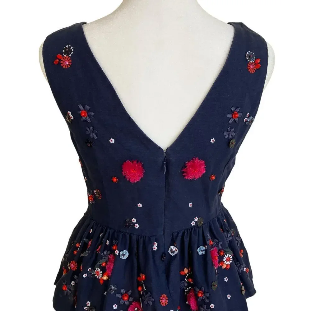 J. Crew Hand-Embellished Beaded Linen Blend Sleeveless Peplum Top Navy Red Sz 00
